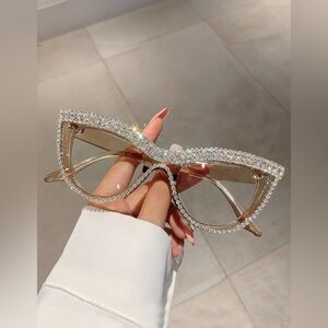 1pc Women's Rhinestone Decorated Cat
Eye Shape Clear Lens Glasses